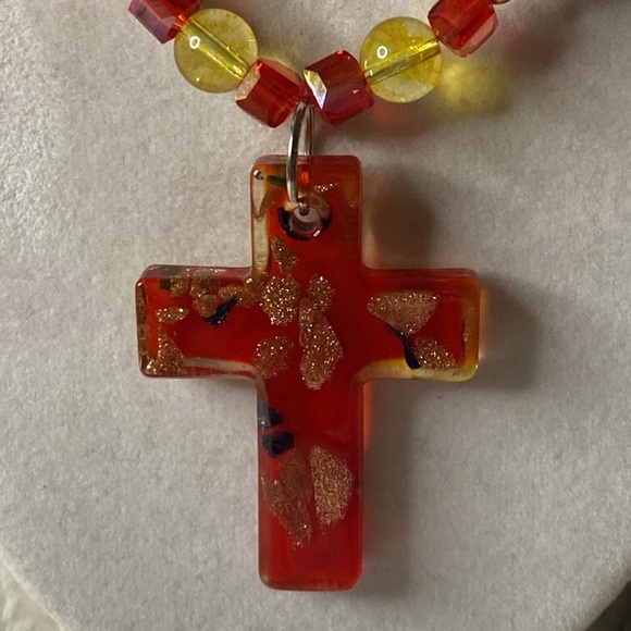 Handcrafted Red Murano Glass Cross Necklace w/Red Quartz and Citrine - Picture 2 of 6